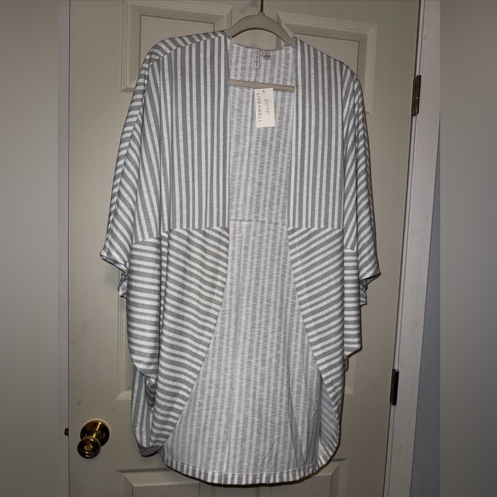 Live Well Striped Open Front Cardigan - Light Gray & White